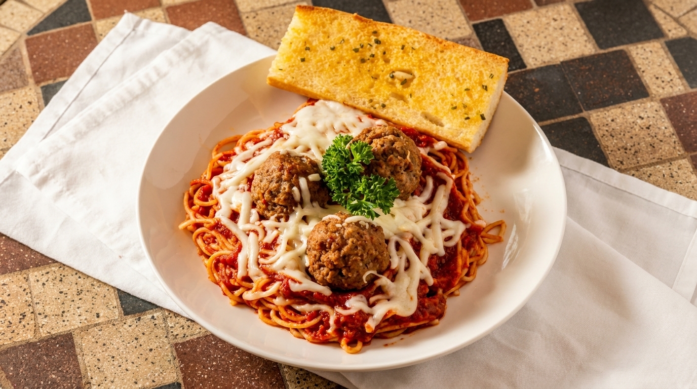 Spaghetti and meatballs with melted cheese, parsley, and a side of garlic bread.