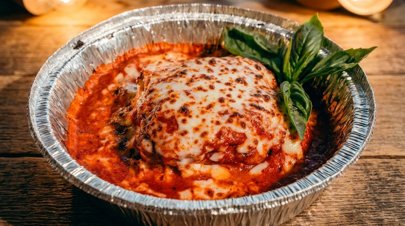 Baked lasagna with melted cheese and basil in a foil takeout container on a wooden table.