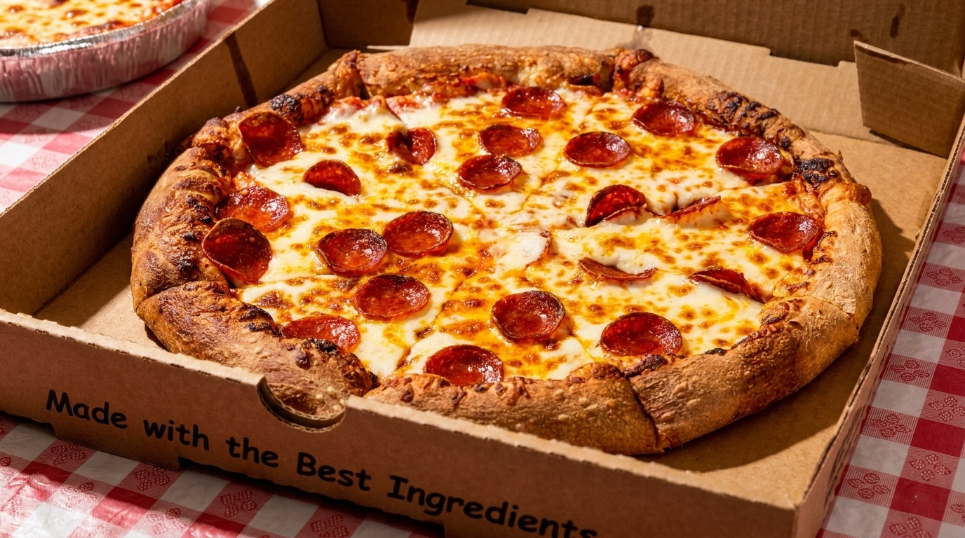 A freshly baked pepperoni pizza in a cardboard box on a red and white checkered tablecloth.
