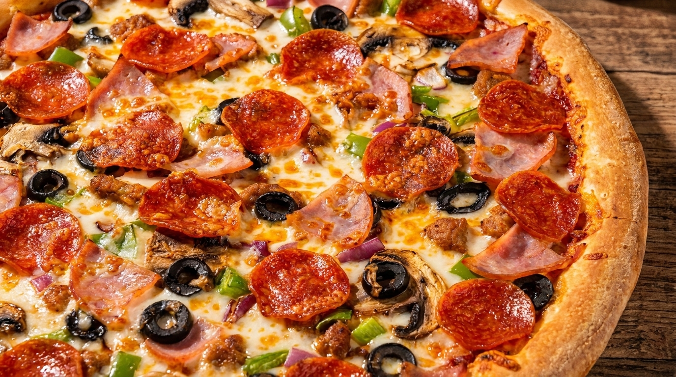 Close-up of a supreme pizza with pepperoni, ham, sausage, olives, mushrooms, and peppers.