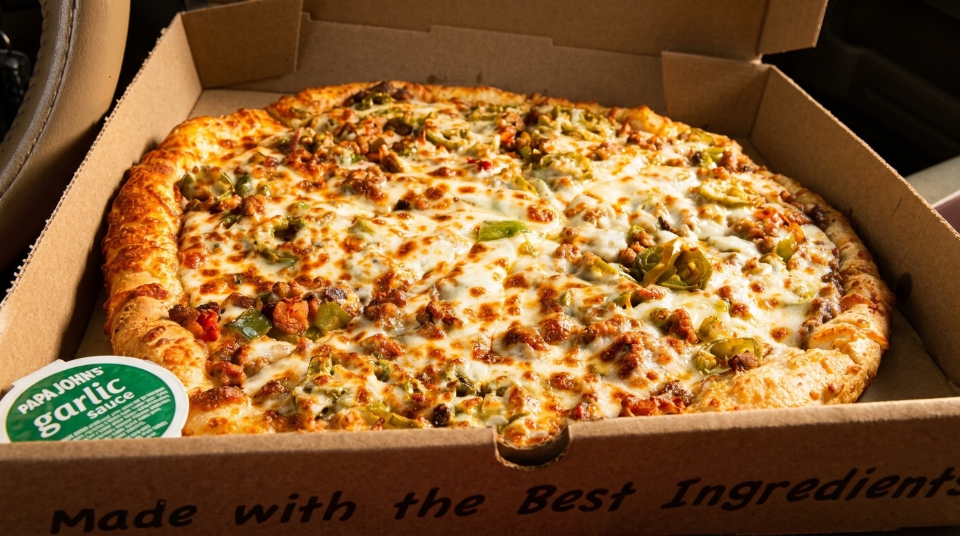 A Papa John's pizza with melted cheese, sausage, and green peppers in a cardboard box with garlic sauce.