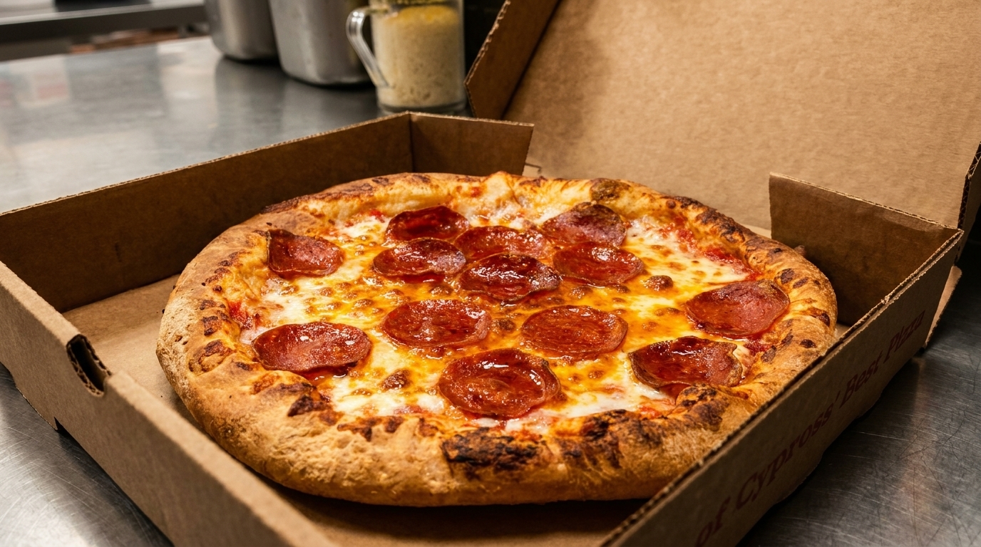 A freshly baked pepperoni pizza with a thick crust sits in an open cardboard box.