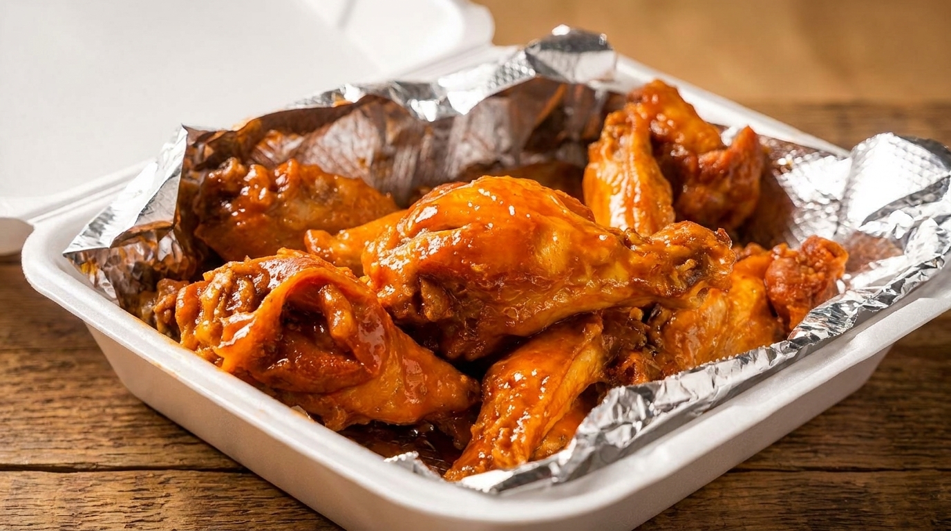Glossy, orange-glazed chicken wings in a white takeout container lined with aluminum foil on a wooden table.