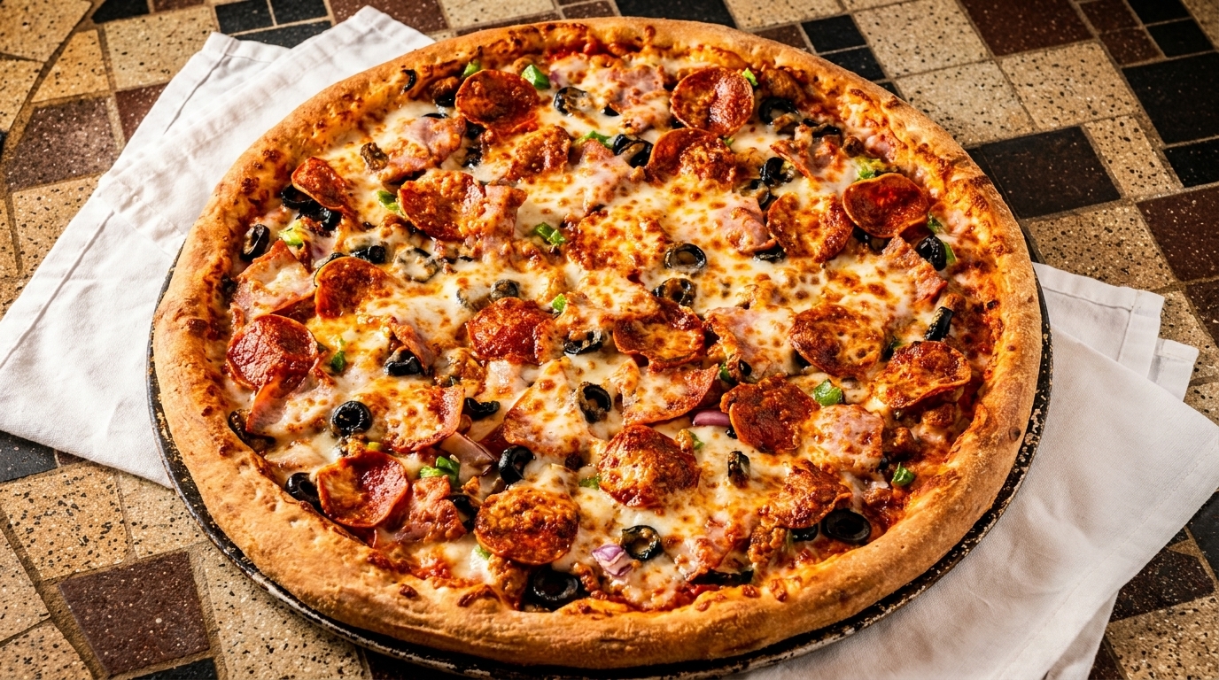 A whole pepperoni, olive, and sausage pizza with melted cheese on a tiled surface.