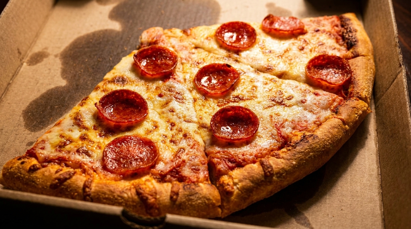 Two slices of pepperoni pizza with melted cheese in a cardboard delivery box.