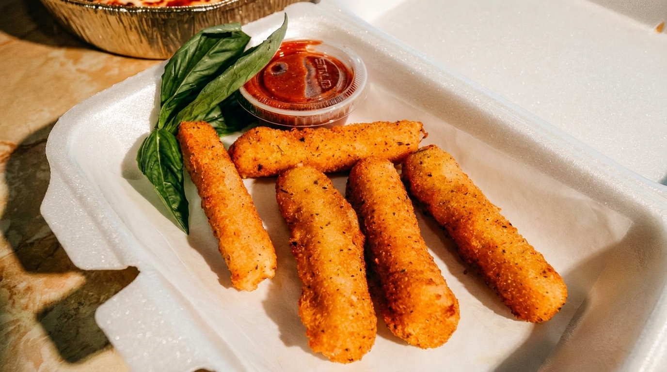 Golden-brown mozzarella sticks with basil and marinara sauce in a white takeout container.