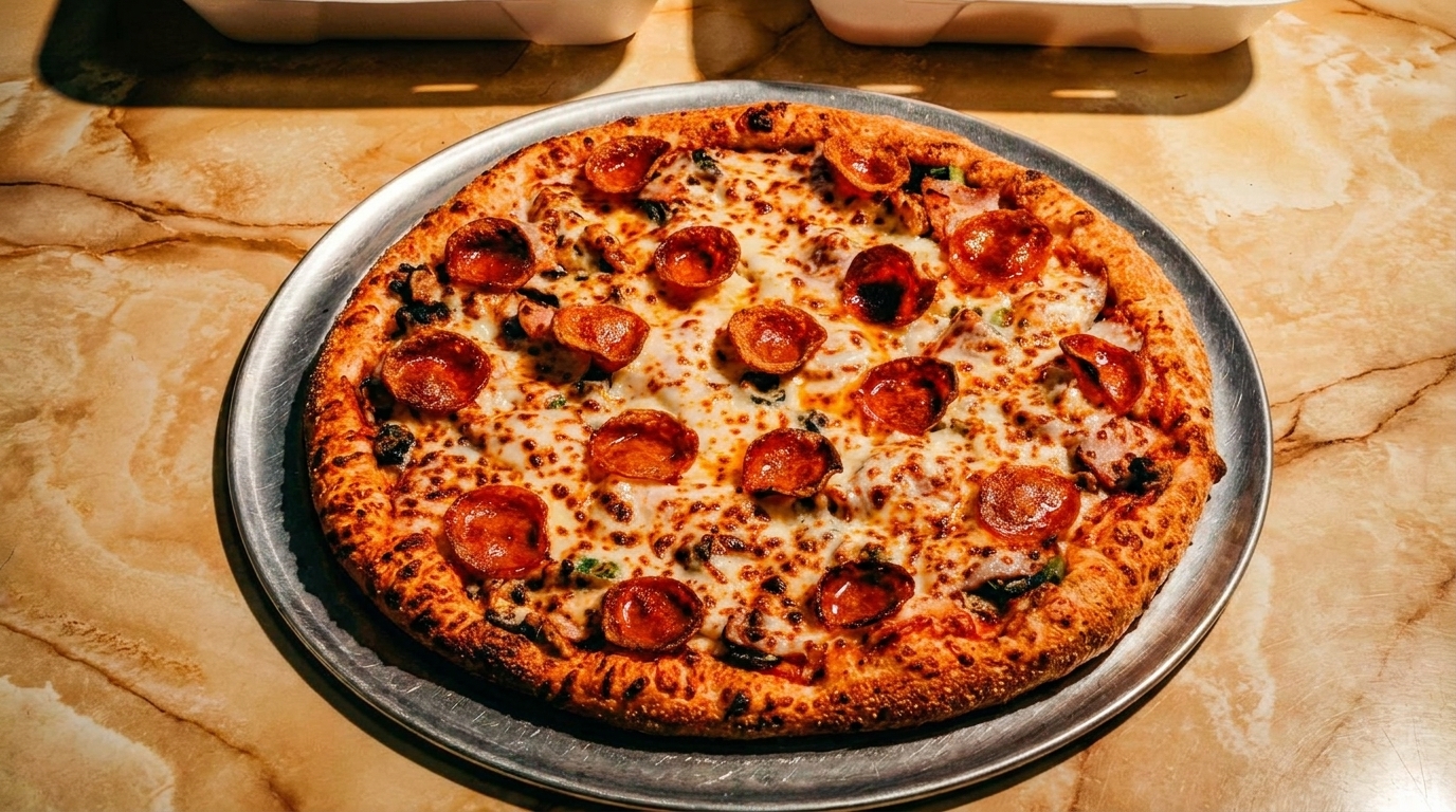 A freshly baked pepperoni pizza with melted cheese and other toppings on a metal tray.