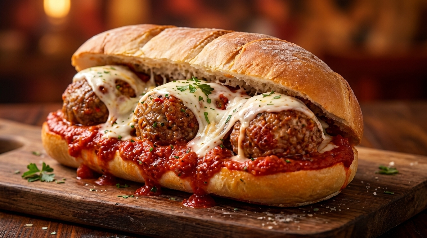 Meatball sub sandwich with melted mozzarella cheese and marinara sauce on a wooden board.