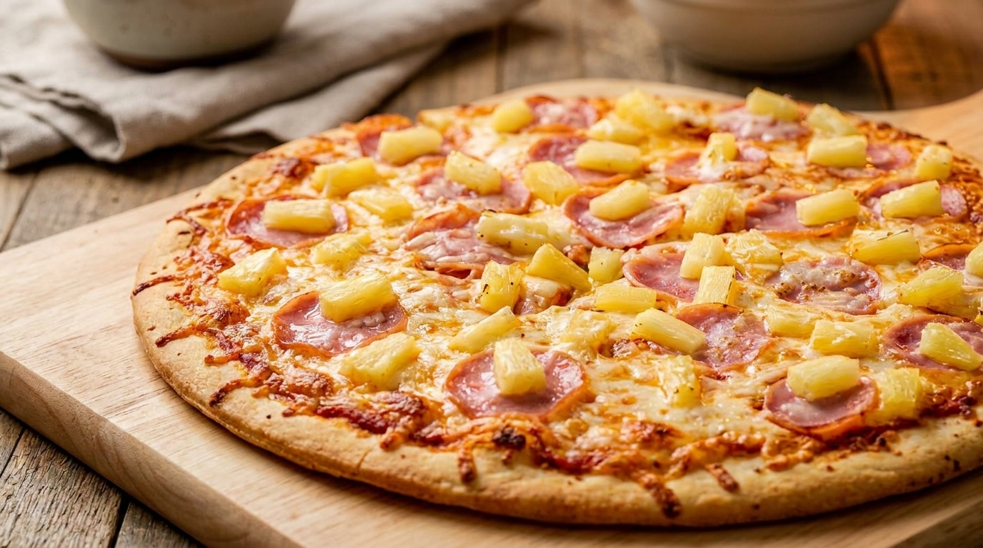 A Hawaiian pizza with ham and pineapple on a wooden cutting board.