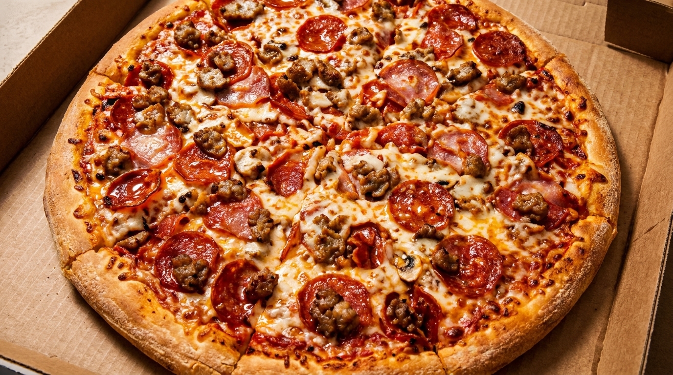 A hot, fresh pizza with pepperoni, sausage, and mushrooms in a cardboard delivery box.