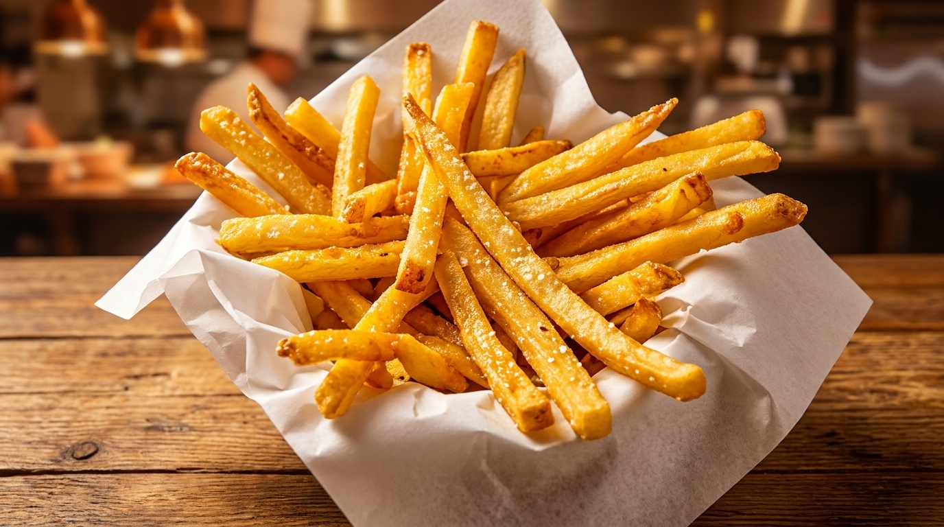 Crispy golden french fries with salt in a white paper-lined basket on a wooden table.