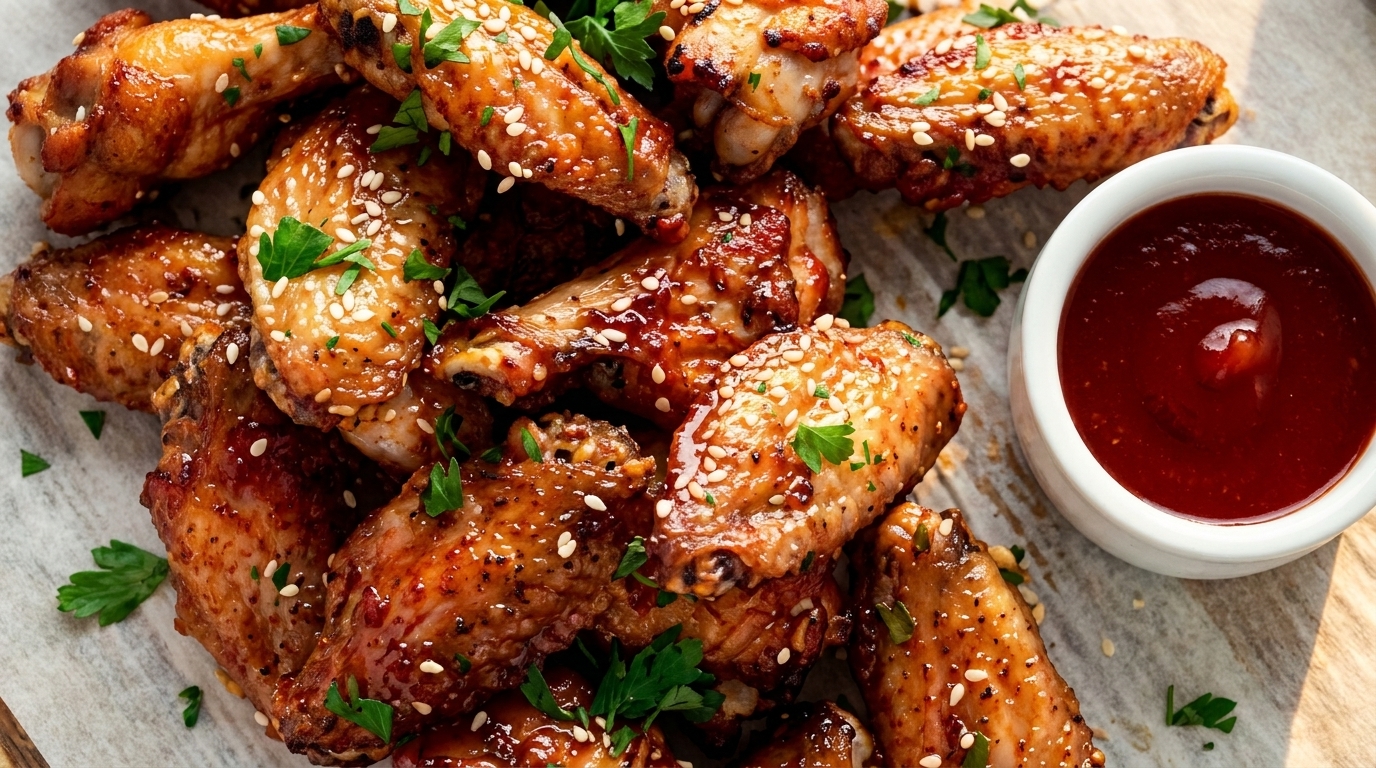 Glazed chicken wings with sesame seeds and parsley, served with a side of red dipping sauce.