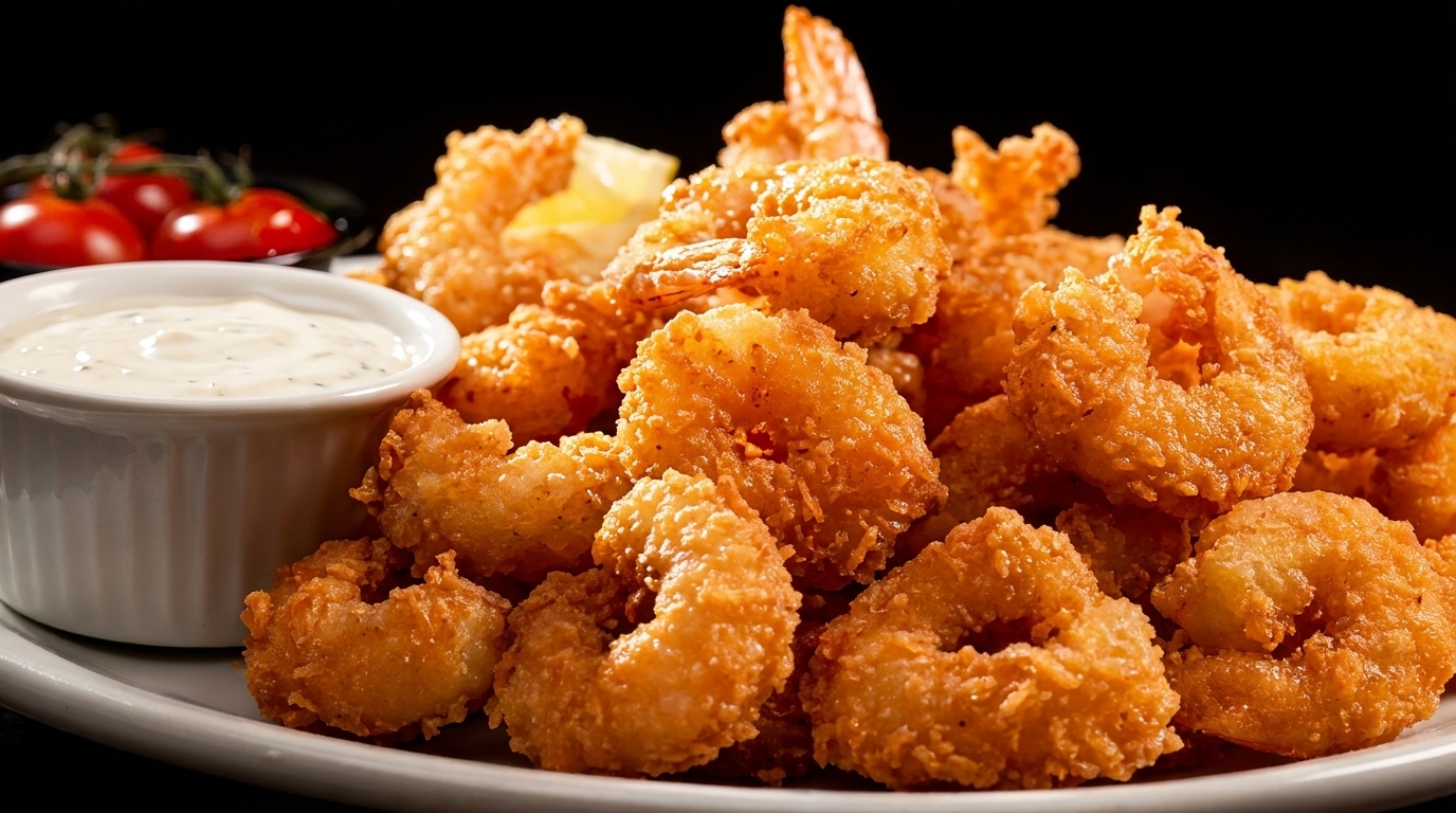 Golden fried shrimp with a side of tartar sauce and cherry tomatoes on a white plate.