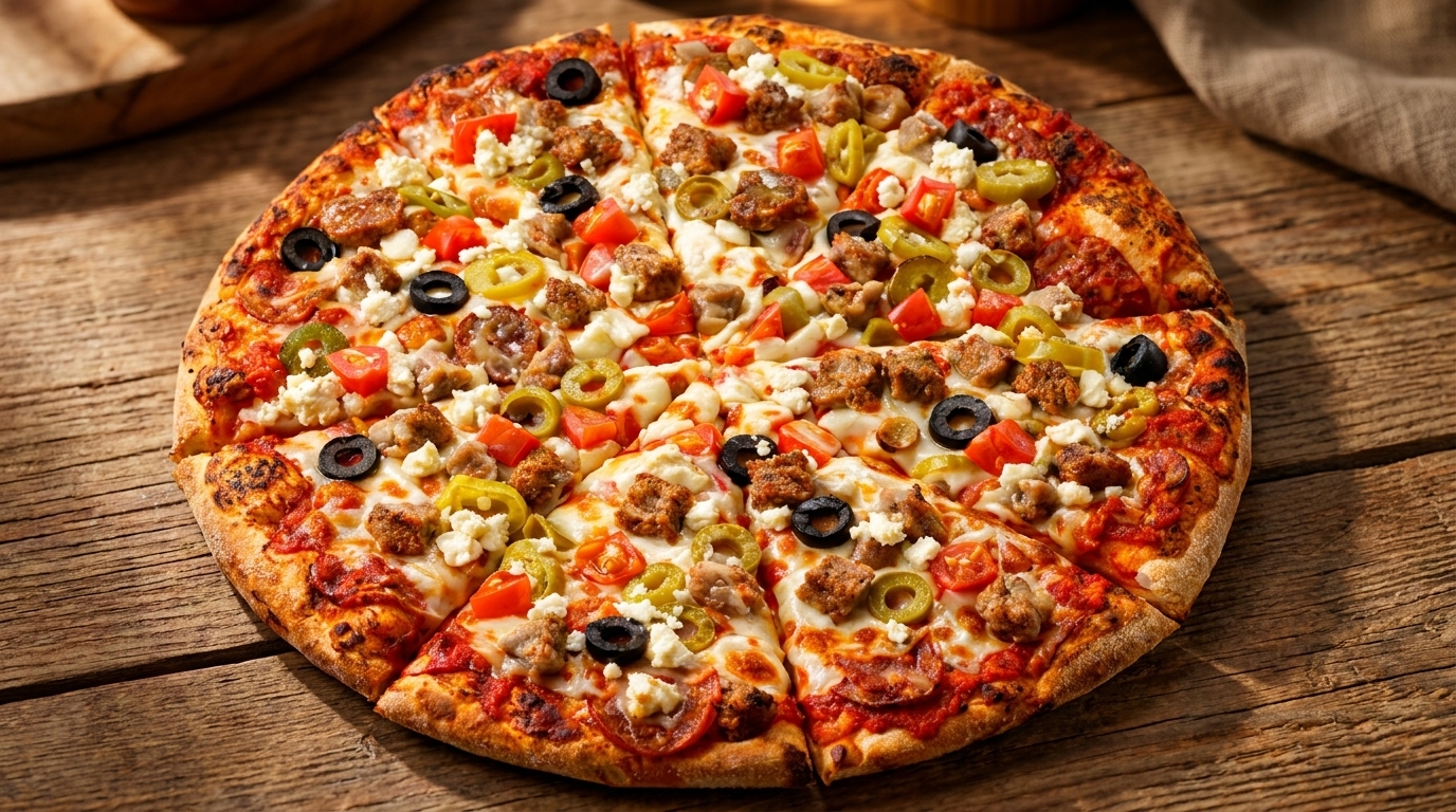 A whole pizza with sausage, olives, peppers, tomatoes, and feta cheese on a wooden table.