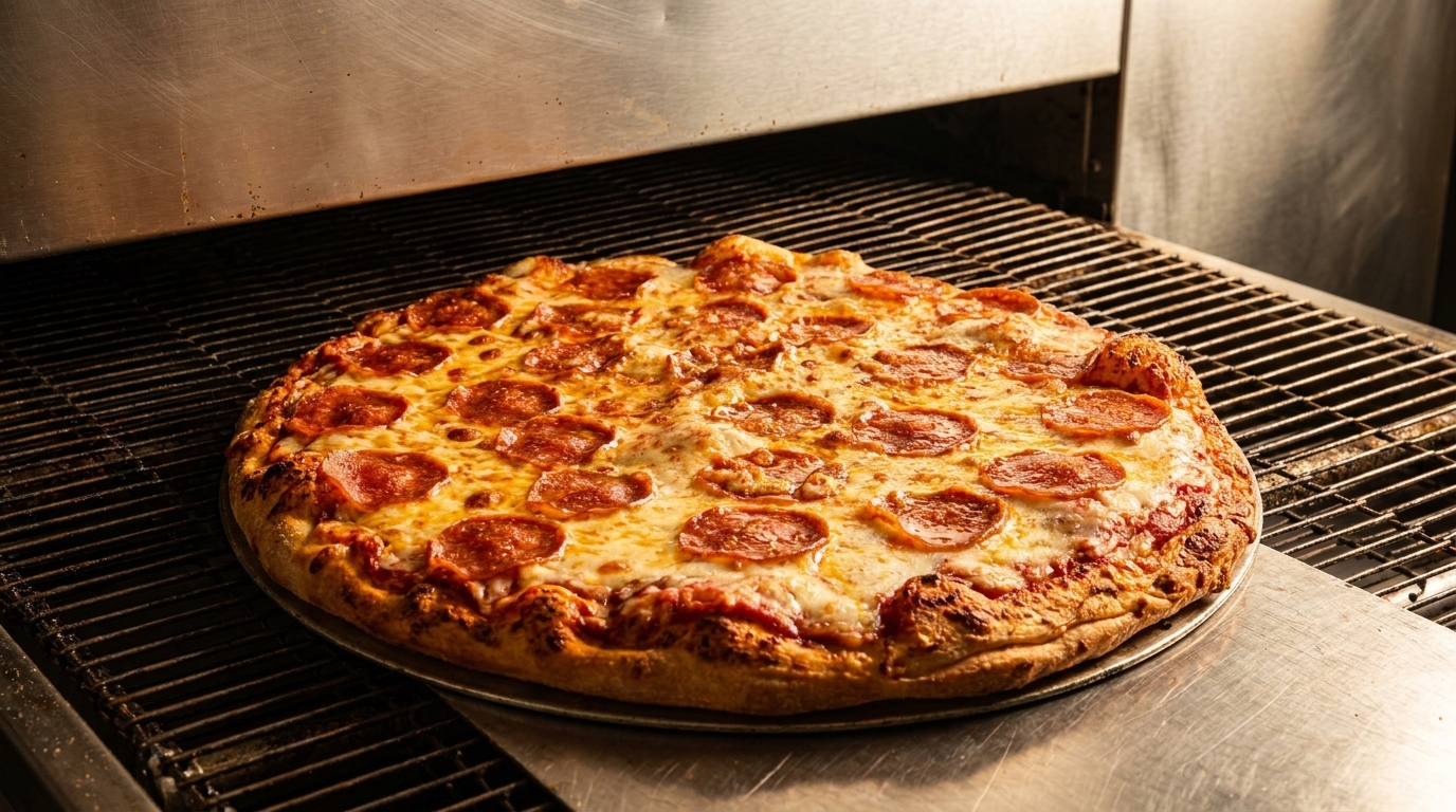 A freshly baked pepperoni pizza with melted cheese on a metal tray, exiting a pizza oven.