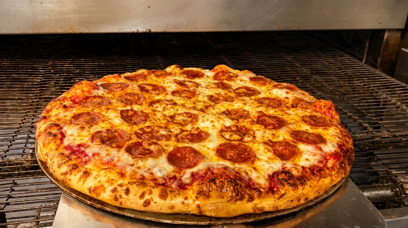 A freshly baked pepperoni pizza on a metal tray, emerging from a commercial pizza oven.
