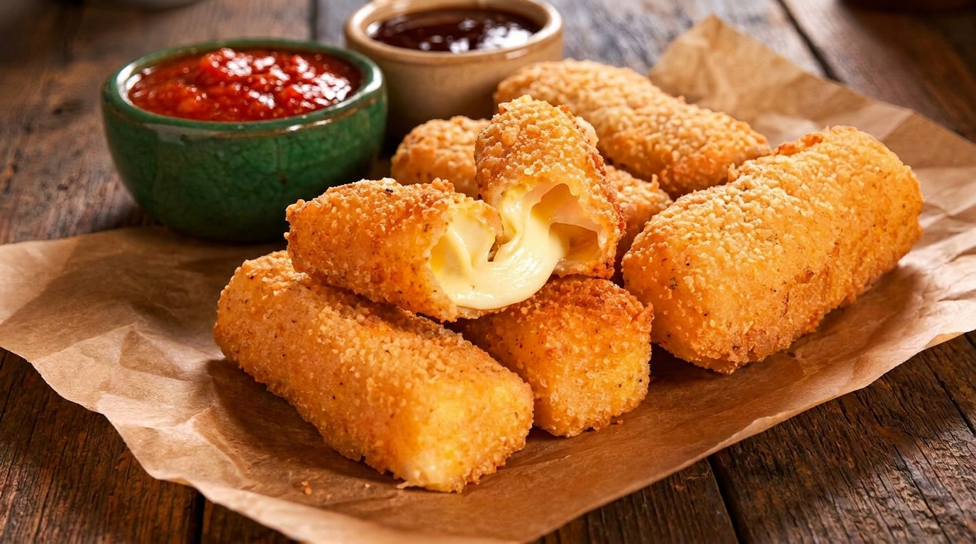Golden-brown mozzarella sticks with melted cheese, served on parchment paper with dipping sauces.