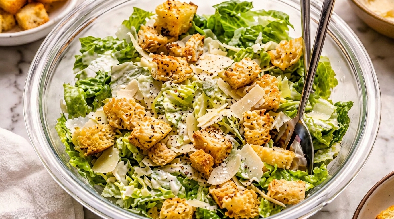 Close-up of a Caesar salad in a glass bowl, with romaine lettuce, croutons, and parmesan.