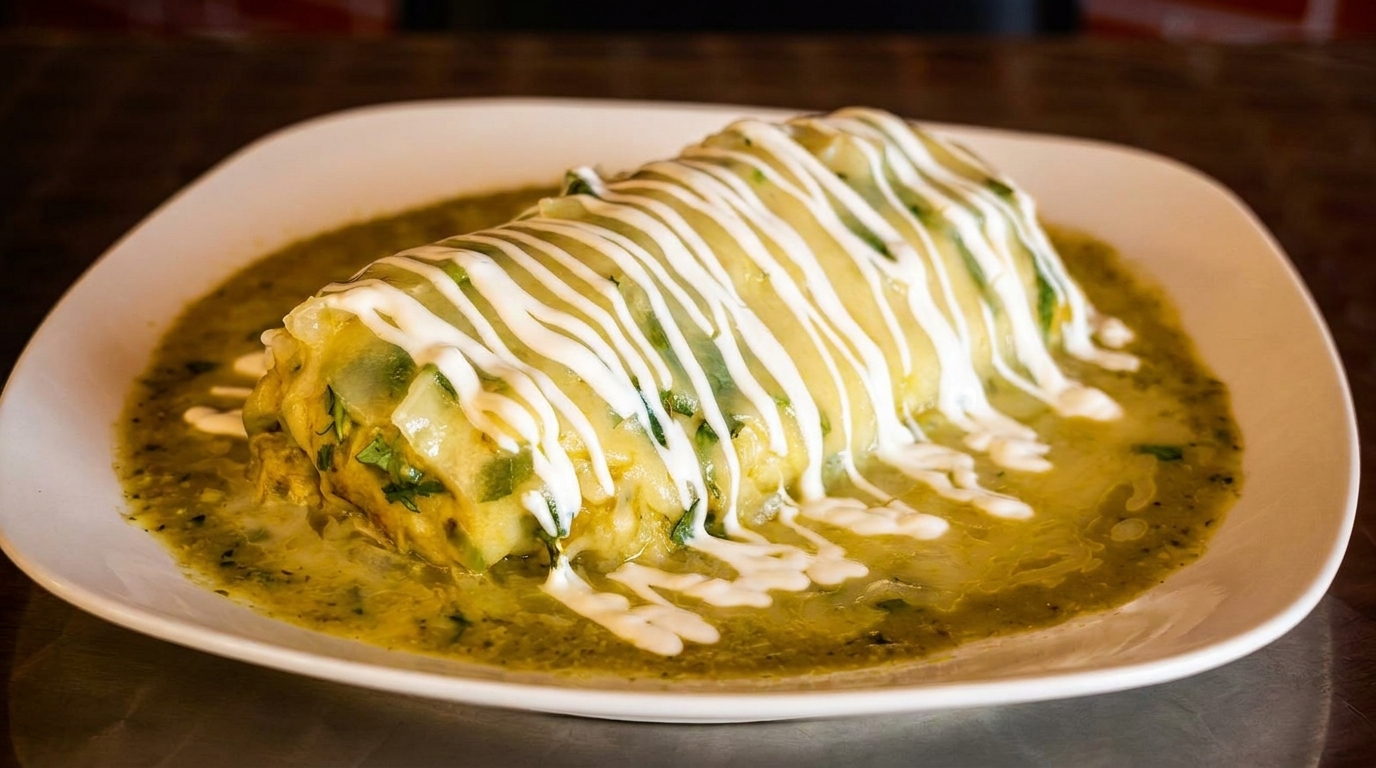 A large burrito covered in green chili sauce and drizzled with sour cream on a white plate.
