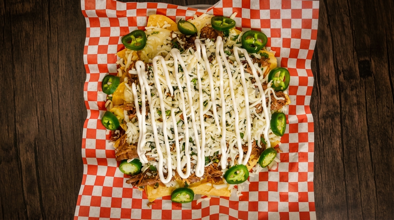 Overhead view of nachos with shredded meat, cheese, jalapeños, and a drizzle of white sauce.
