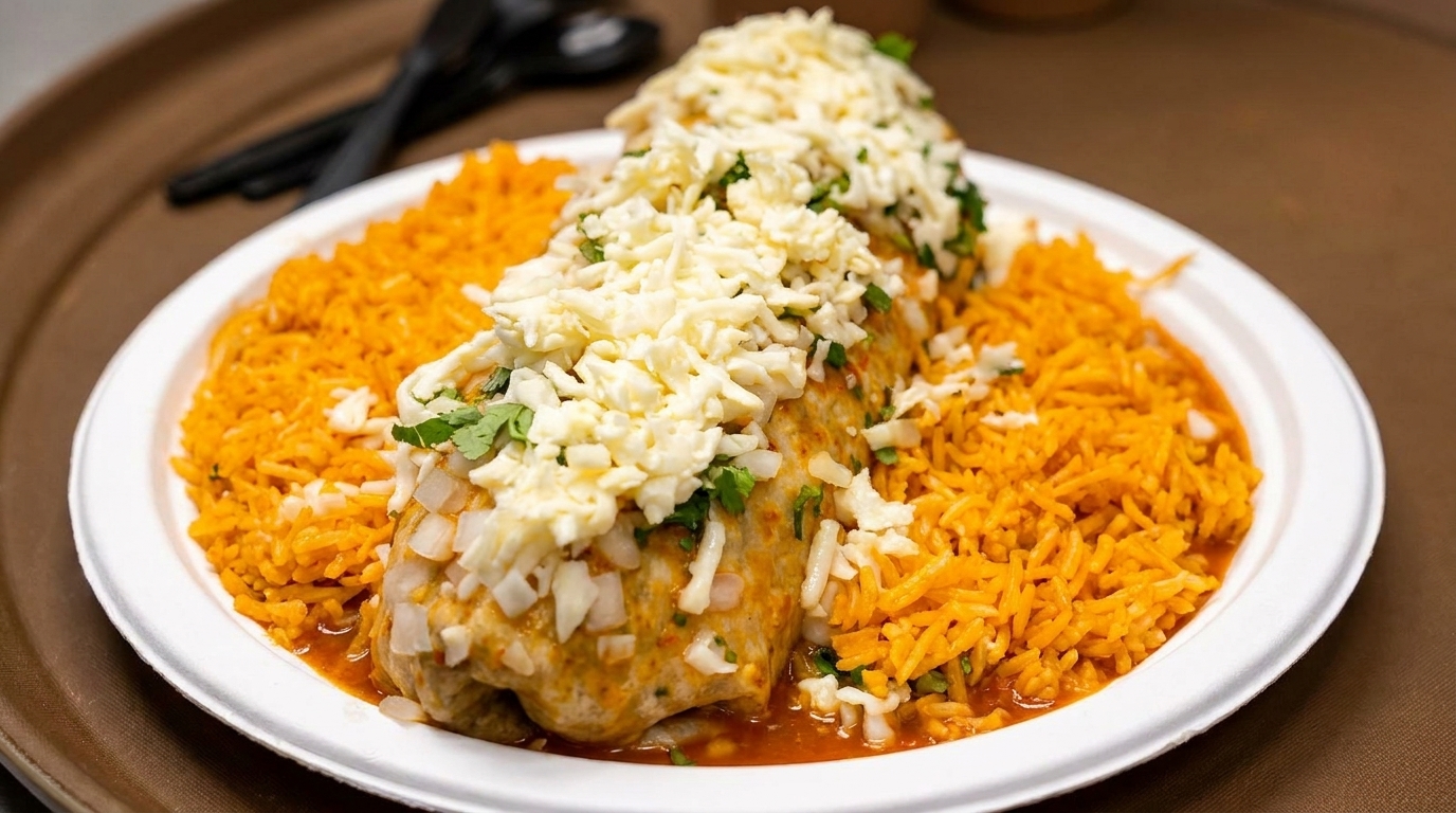Two burritos covered in cheese and onions, alongside orange rice, on a white plate.