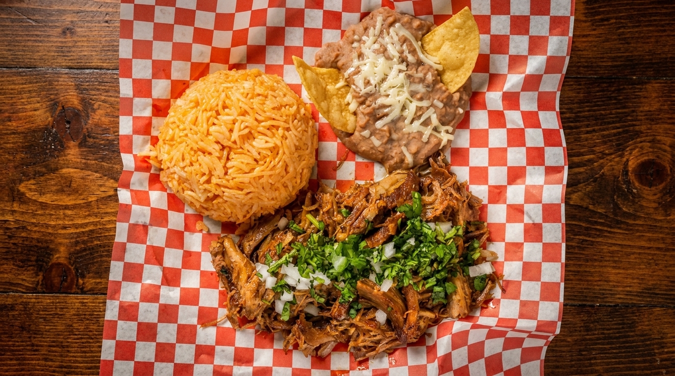 Top-down view of a Mexican platter with rice, refried beans, and shredded meat on checkered paper.