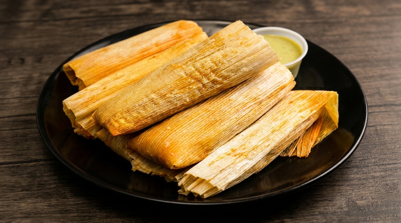 A black plate holds several golden tamales with a small cup of green sauce on a wooden table.
