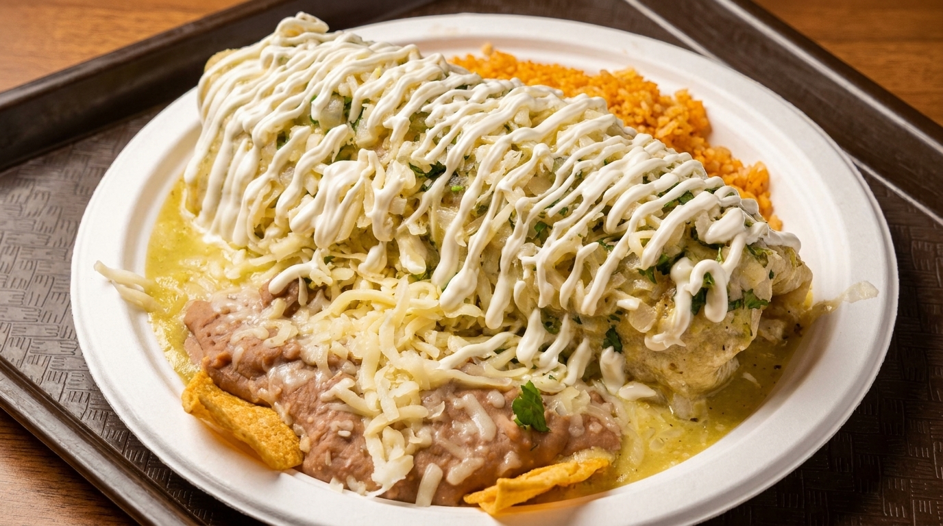 A large burrito covered in white sauce and cheese, with refried beans and rice on a white plate.