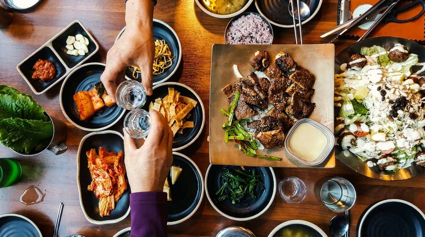 Overhead view of a Korean BBQ meal with grilled meat, various side dishes, and hands toasting soju.