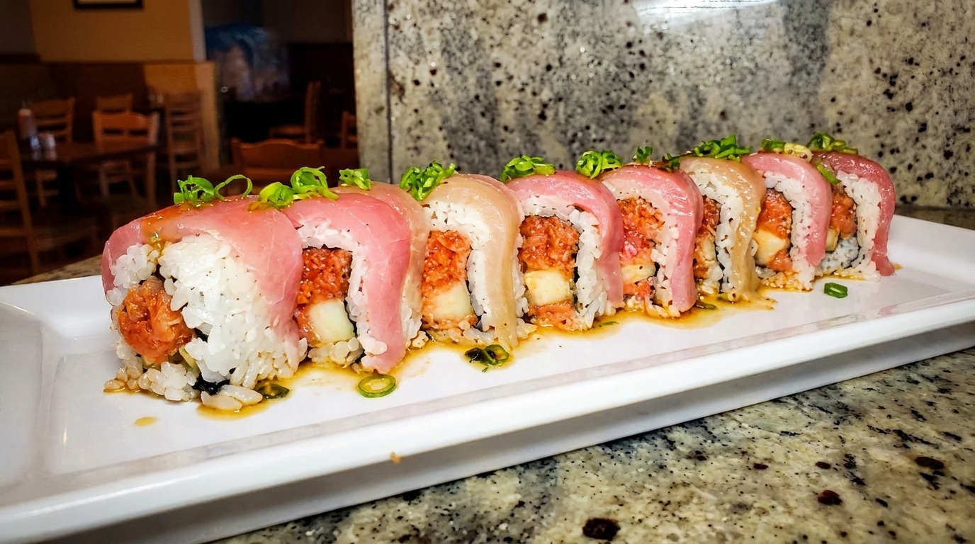 A long white plate holds a row of sushi rolls topped with pink and white fish, green onions, and sauce.