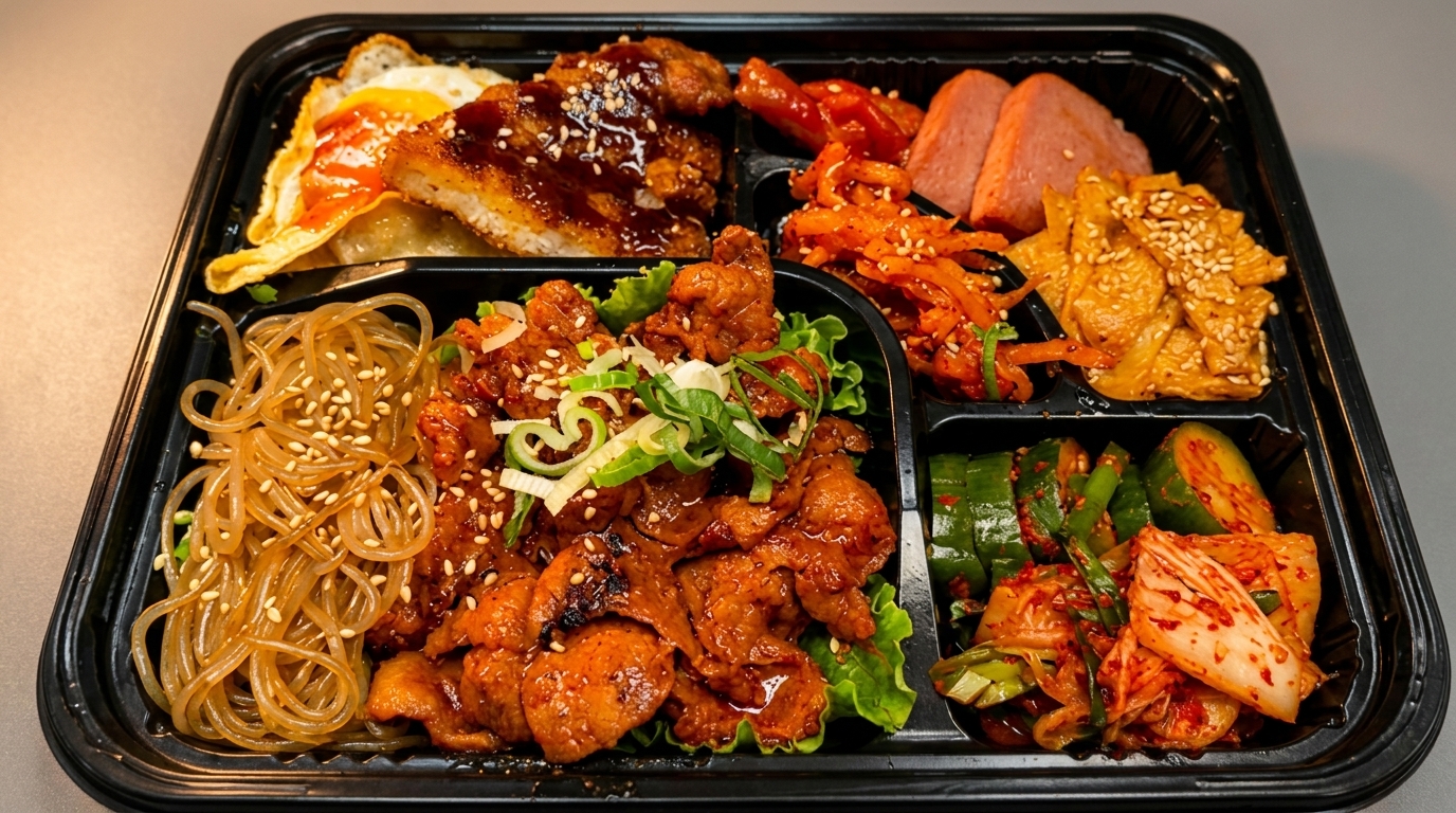 A Korean bento box filled with various dishes including bulgogi, japchae, kimchi, and fried egg.