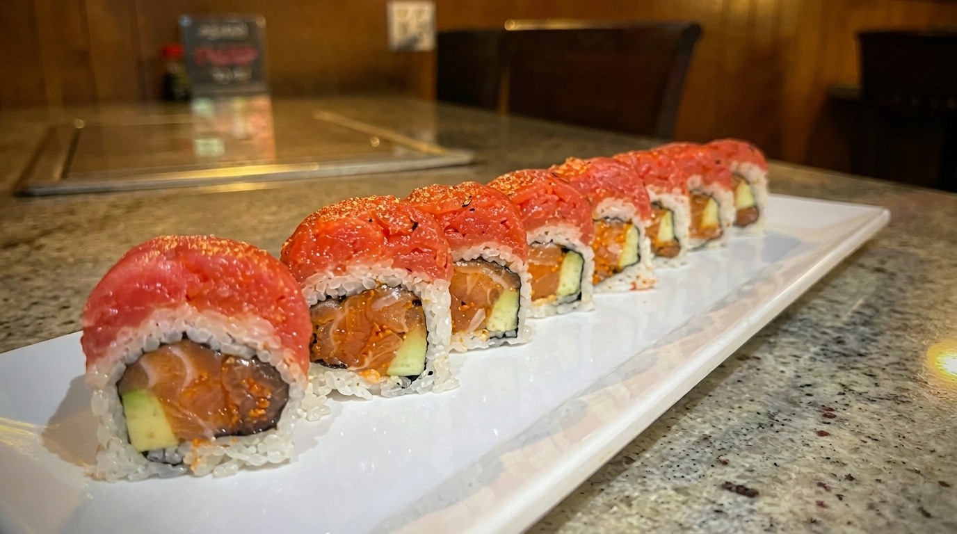 A long white plate holds a row of sushi rolls topped with red fish and sprinkled with spices.