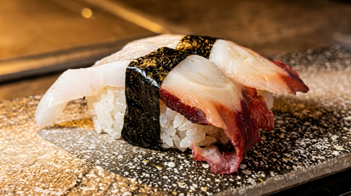 Two pieces of nigiri sushi, one with white fish and one with red clam, on a speckled plate.