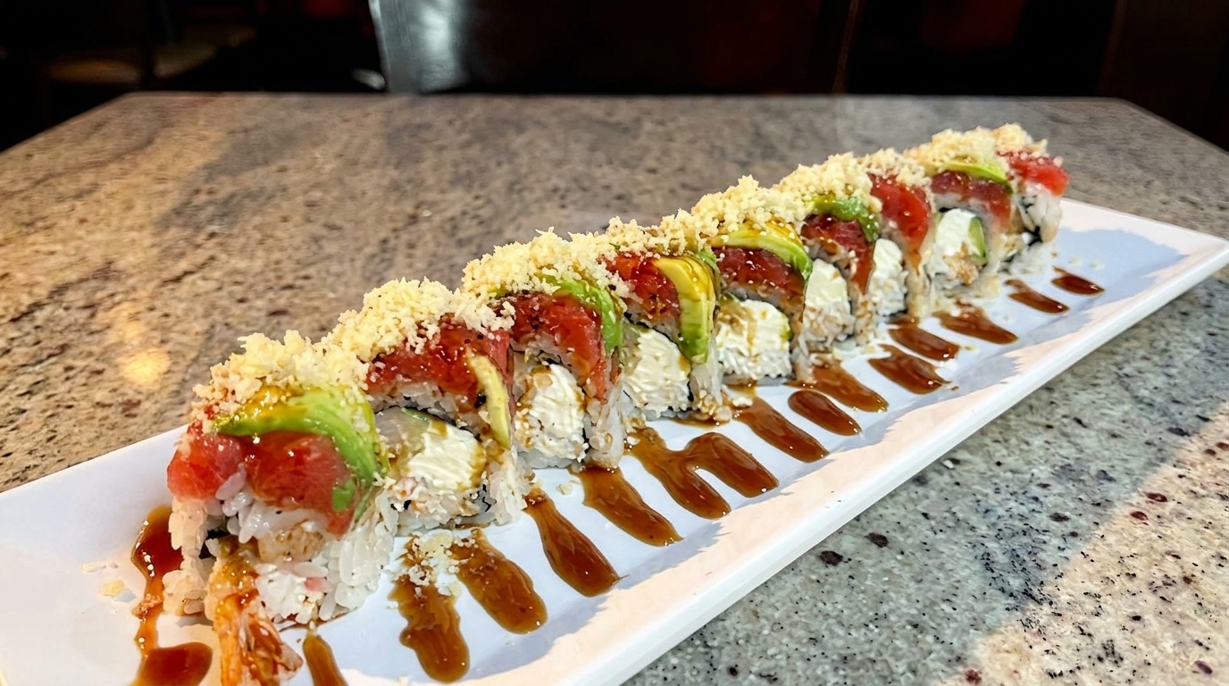 Long sushi roll with tuna, avocado, cream cheese, and crispy topping, drizzled with sauce.