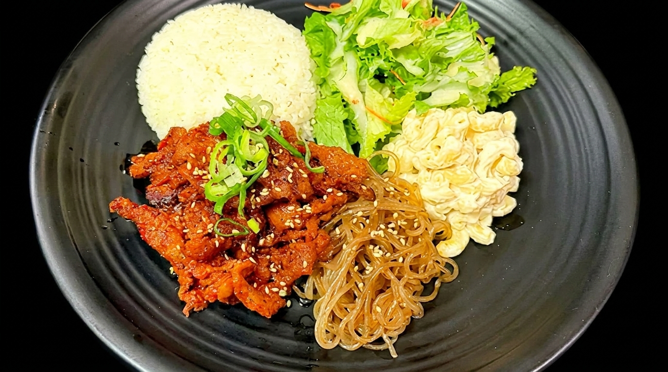 Spicy pork bulgogi plate with rice, glass noodles, macaroni salad, and green salad.