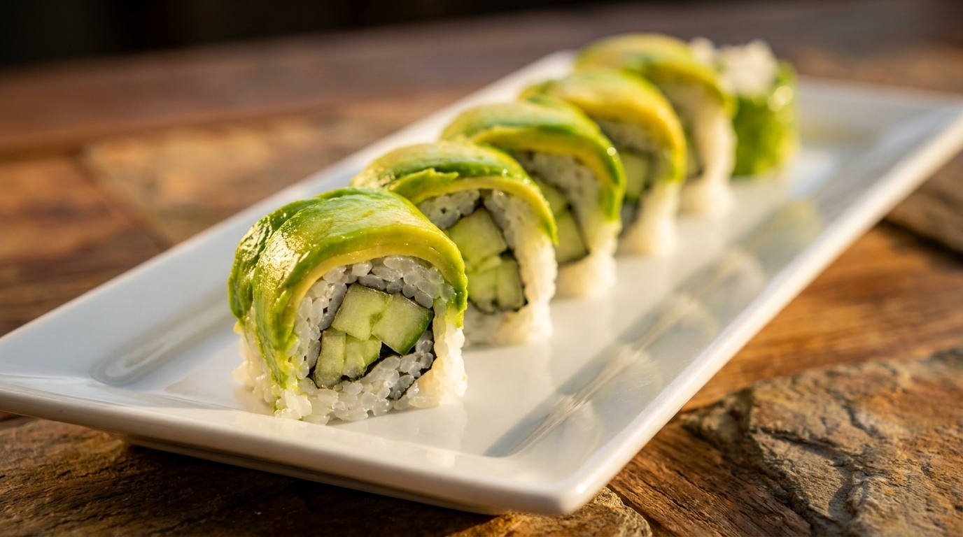 Six avocado and cucumber sushi rolls on a white rectangular plate on a wooden table.