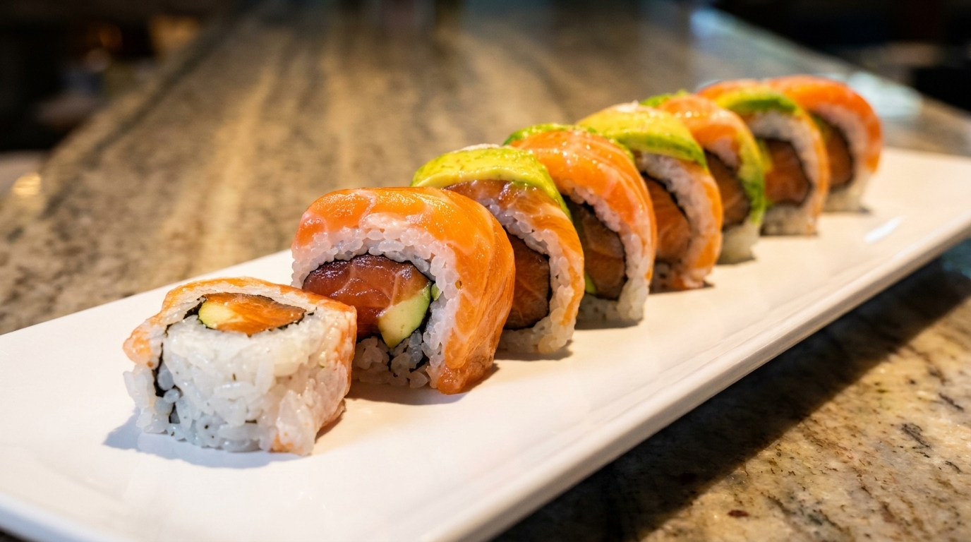 A long white plate holds a row of salmon and avocado sushi rolls on a marble counter.