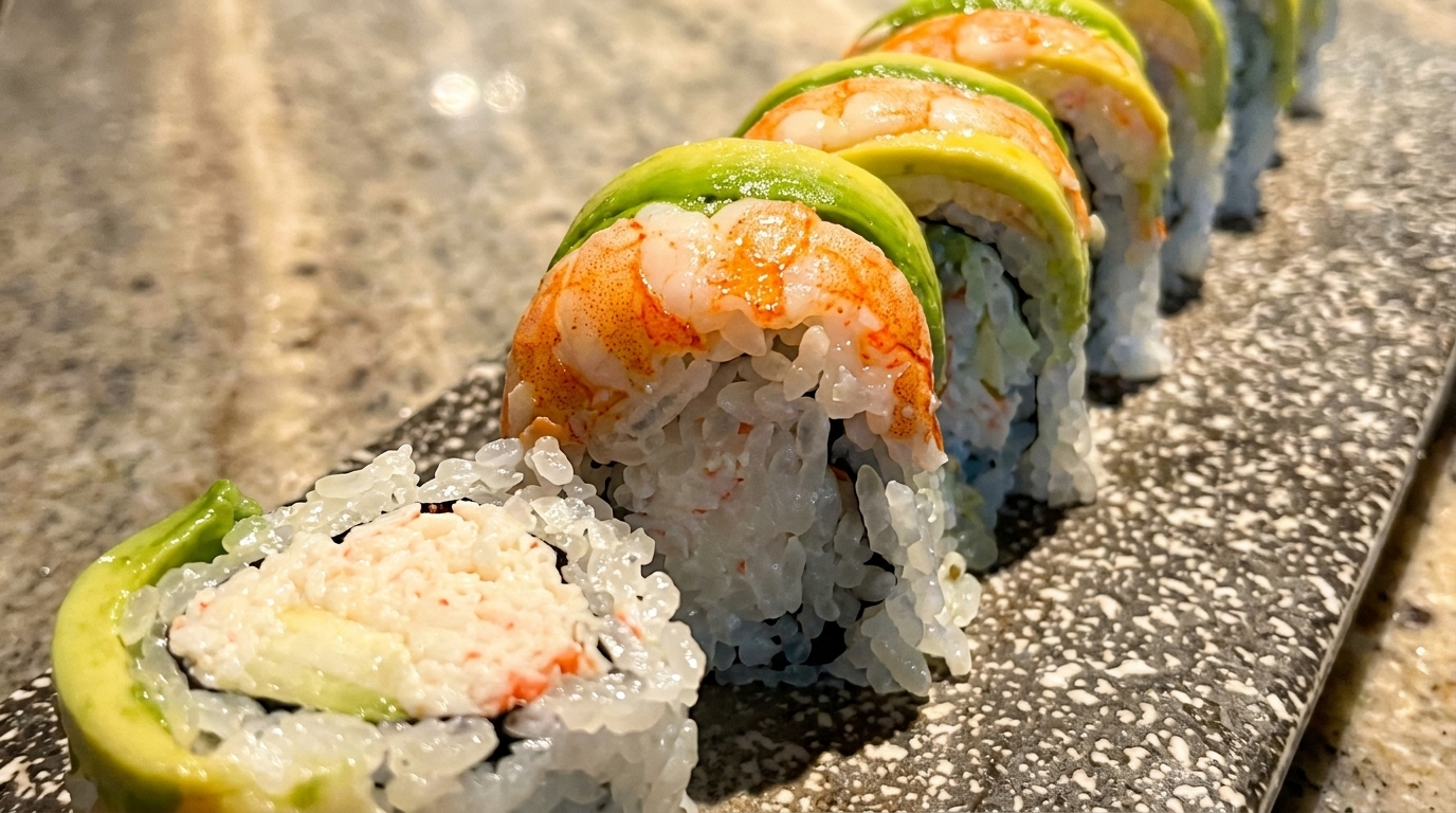 A row of sushi rolls with shrimp and avocado on a speckled gray plate.