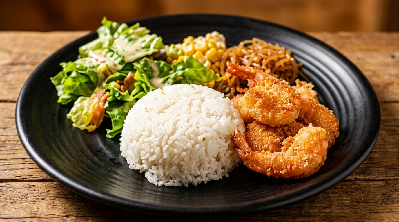 A black plate with fried shrimp, white rice, green salad, corn, and noodles on a wooden table.