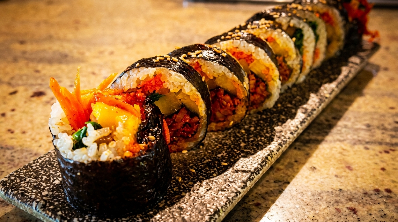A row of colorful Korean gimbap rolls filled with vegetables and meat, on a speckled serving dish.