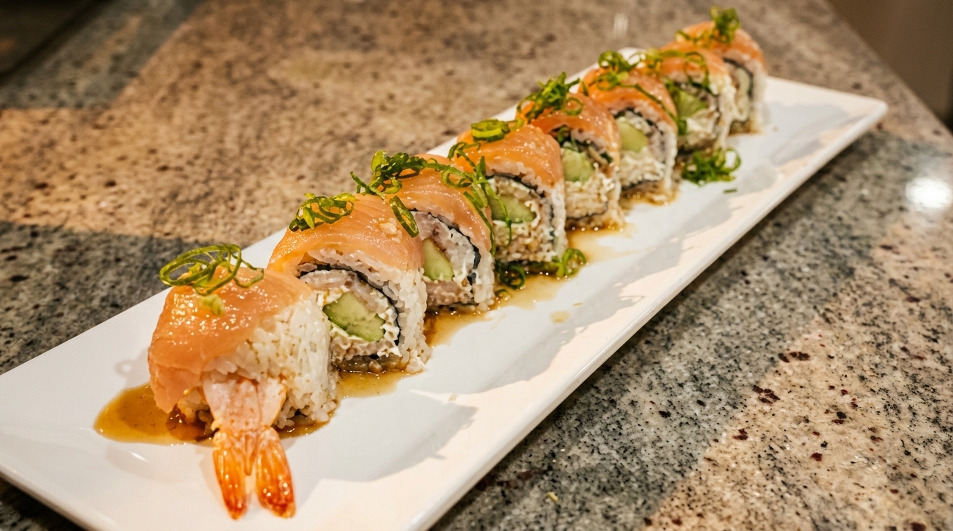 A long white plate holds a row of sushi rolls topped with salmon, green onions, and sauce.