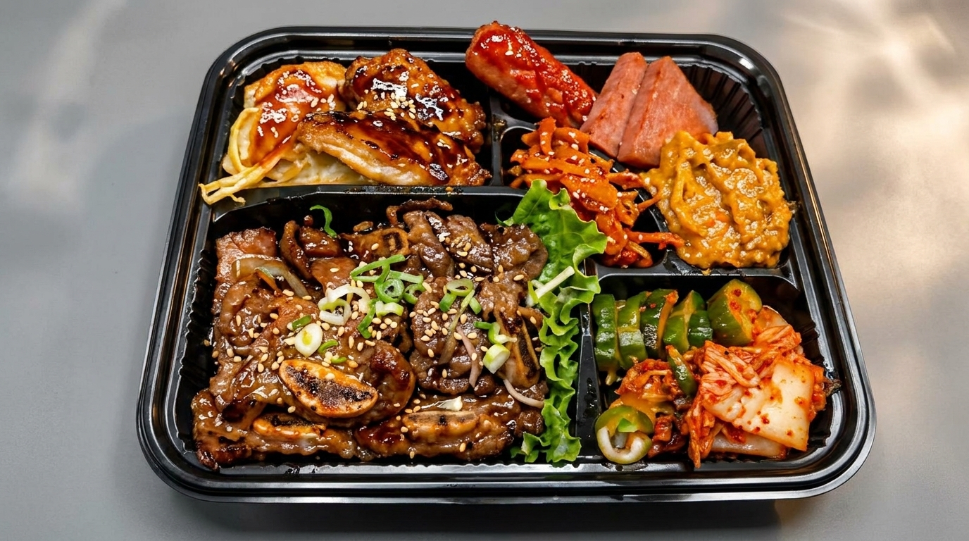 A black bento box filled with Korean BBQ short ribs, chicken, sausage, spam, and various side dishes.