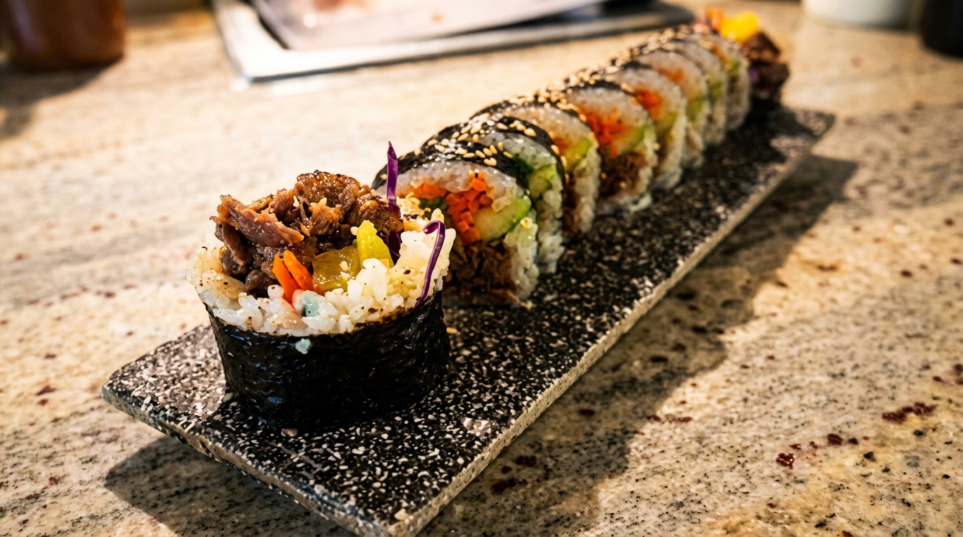 A plate of Korean gimbap rolls, filled with beef, rice, and colorful vegetables.
