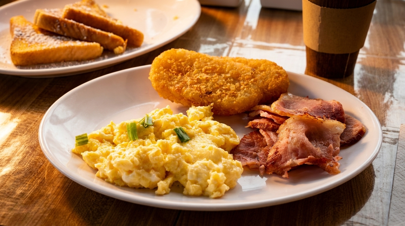 Breakfast plate with scrambled eggs, hash brown, bacon, and French toast, with a coffee cup.