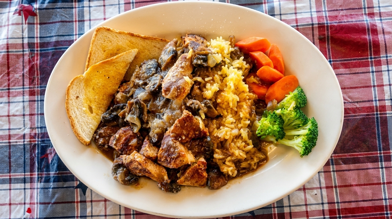 A plate of chicken and mushroom stew with rice, carrots, broccoli, and toast on a plaid tablecloth.