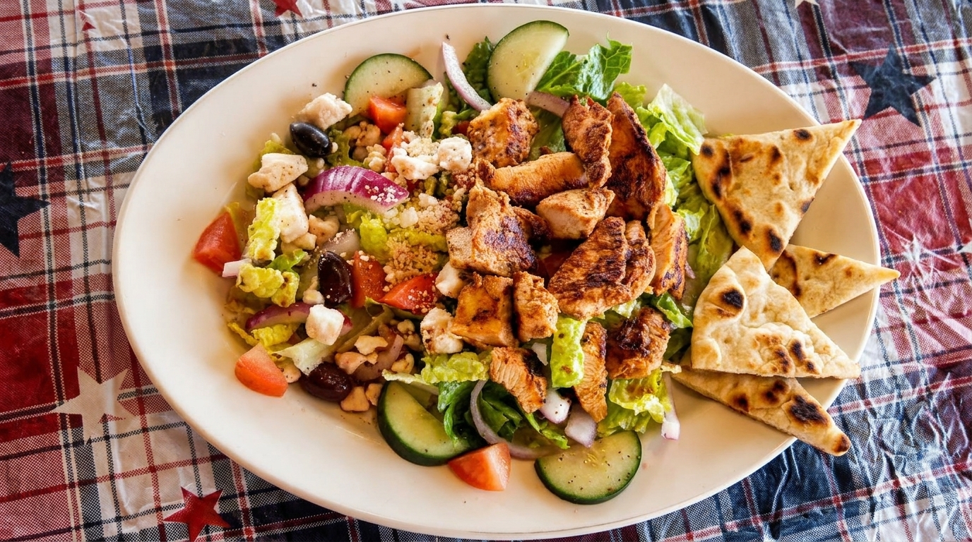 Grilled chicken salad with lettuce, tomatoes, cucumbers, olives, feta, and pita bread.