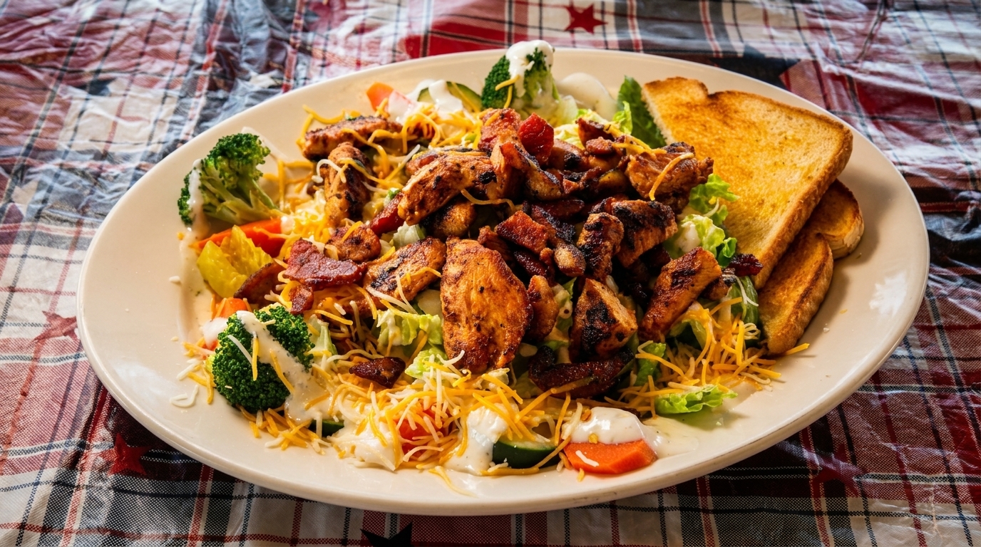 Grilled chicken salad with bacon, cheese, broccoli, and toast on a plaid tablecloth.