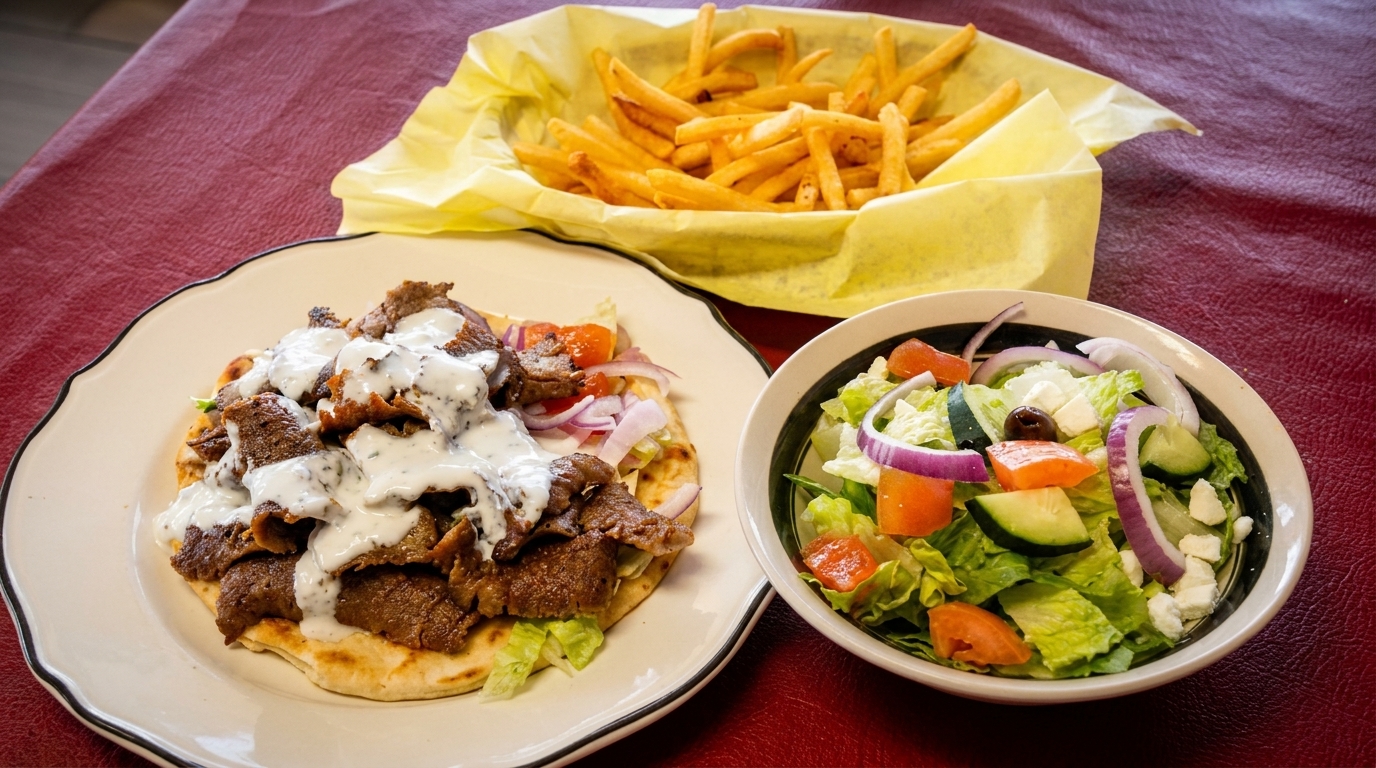 Gyro meat on pita with sauce, a side salad, and french fries on a red table.