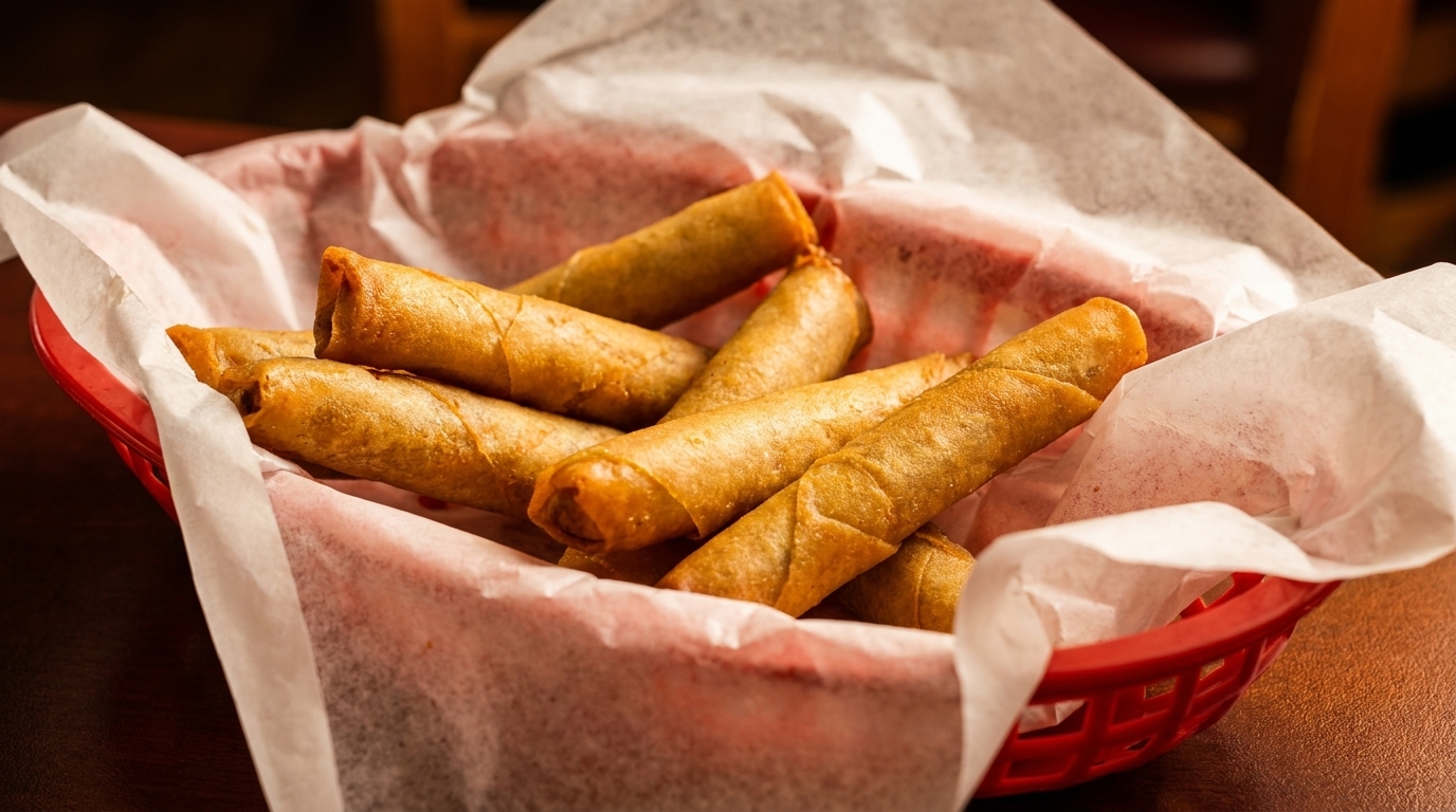 Golden-brown spring rolls in a red plastic basket lined with white parchment paper.