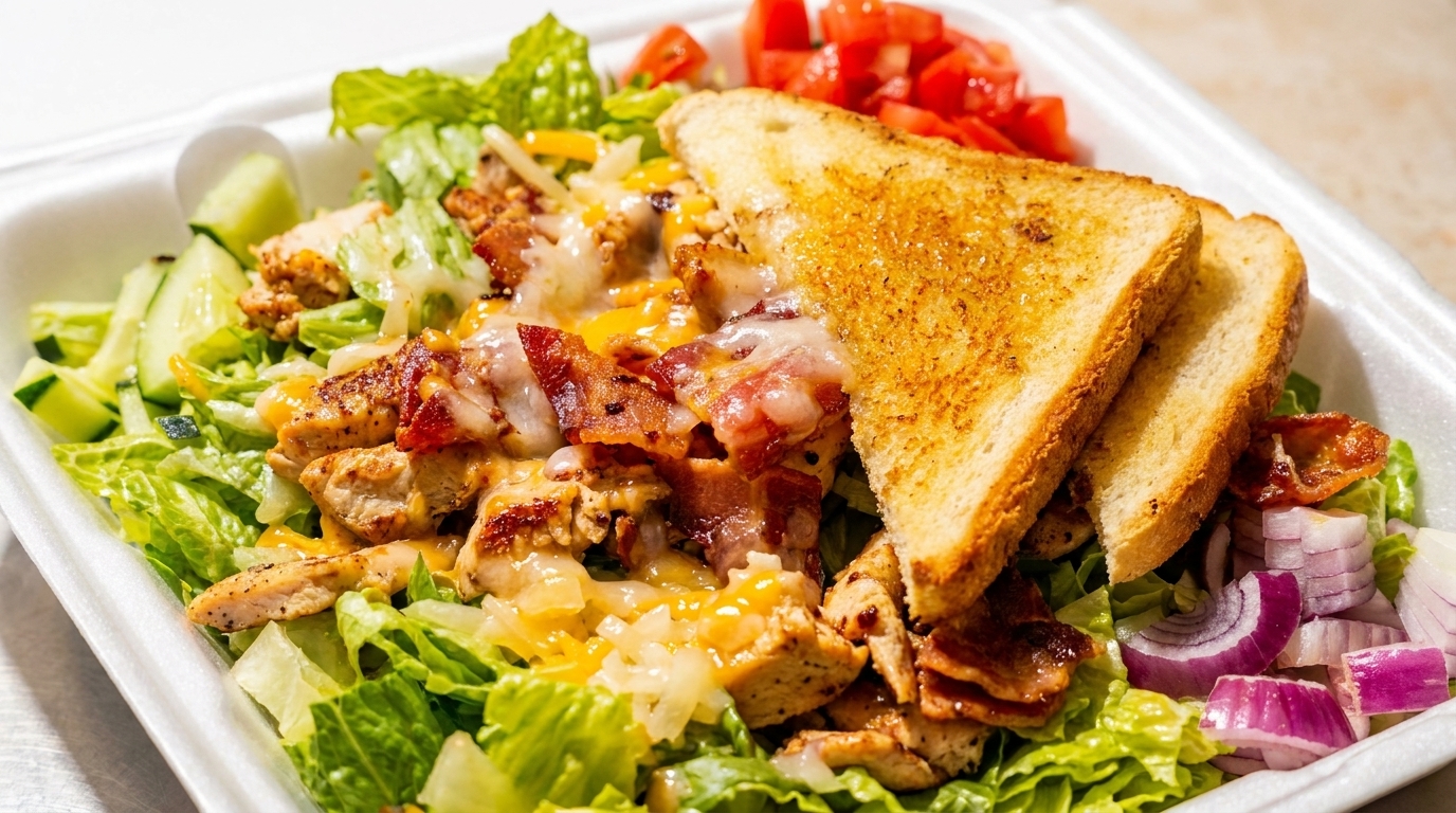 Chicken bacon ranch salad with toasted bread, lettuce, tomatoes, cucumbers, and red onions.